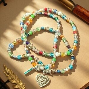 Hand Crafted Multicolor Beaded Bracelet Trio with Heart Charm